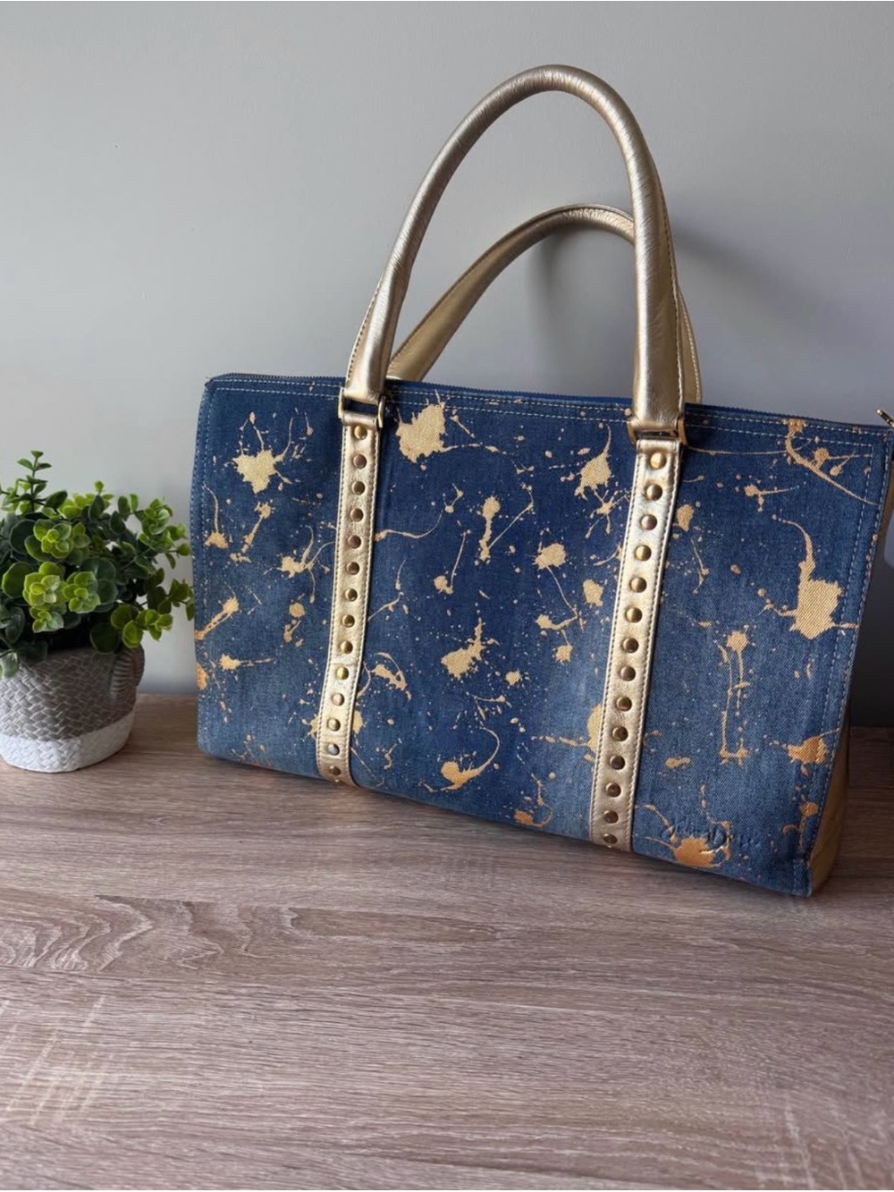 Juman Dree Denim Gold Splatter Tote Bag